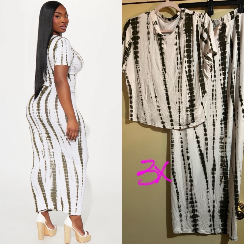 Fashion Nova Tie-Dye Maxi Dress Set in White and Olive 3x
